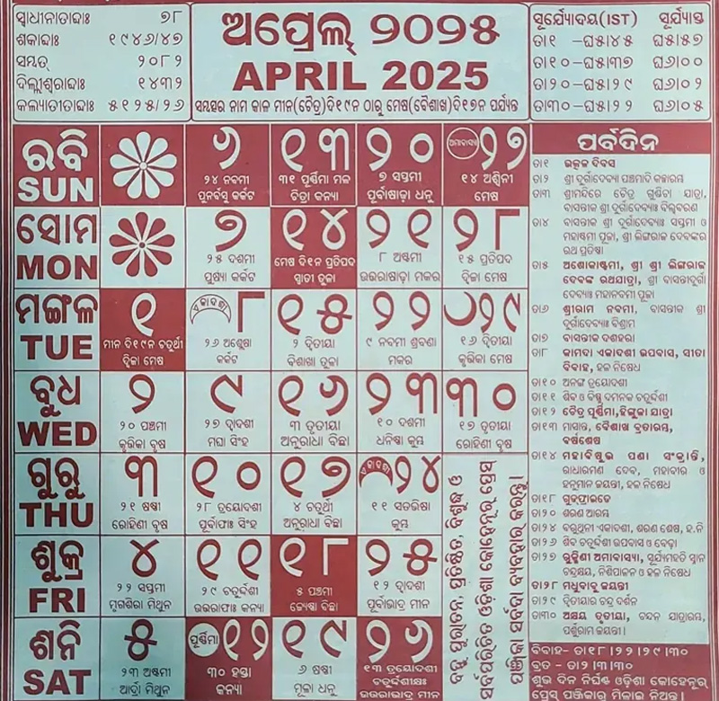 April Month Kohinoor Odia Calendar