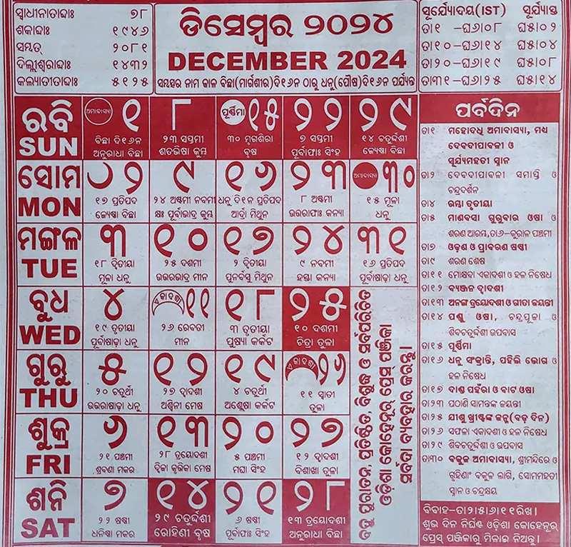 December Month Kohinoor Odia Calendar