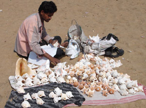 Vendor selling cronch shells on Puri beach Vendor selling cronch shells on Puri beach