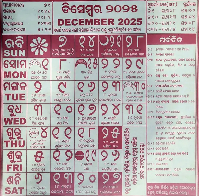 December Month Kohinoor Odia Calendar