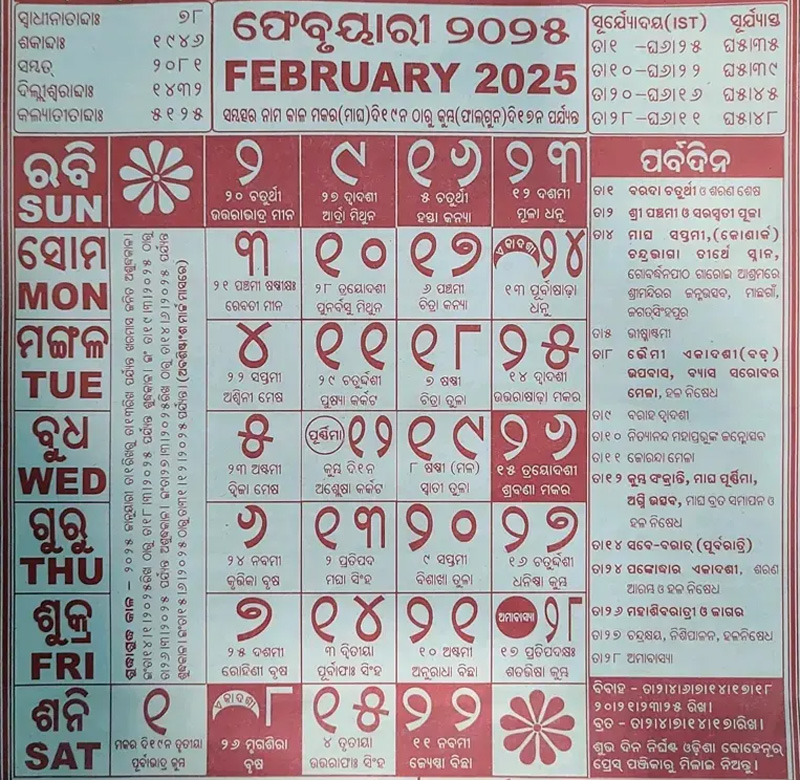 February Month Kohinoor Odia Calendar