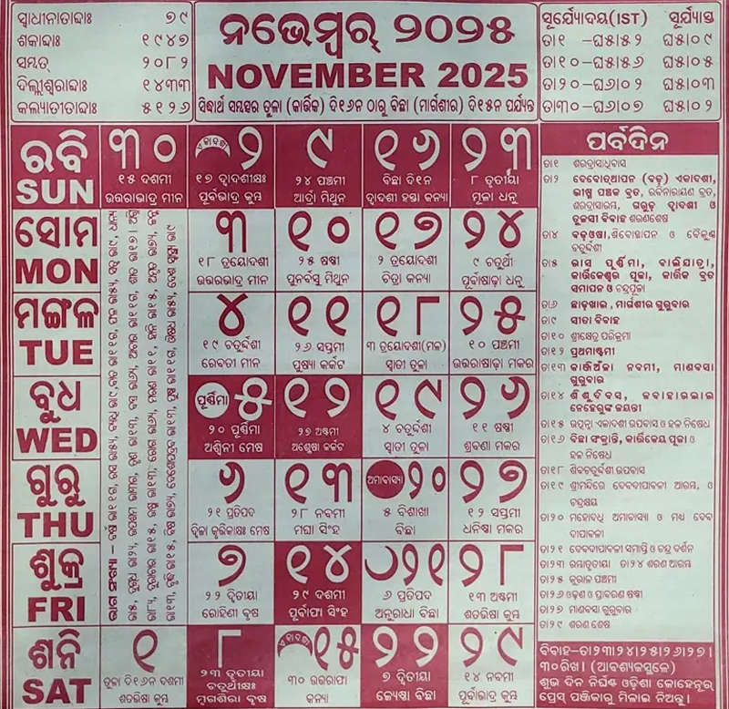 November Month Kohinoor Odia Calendar