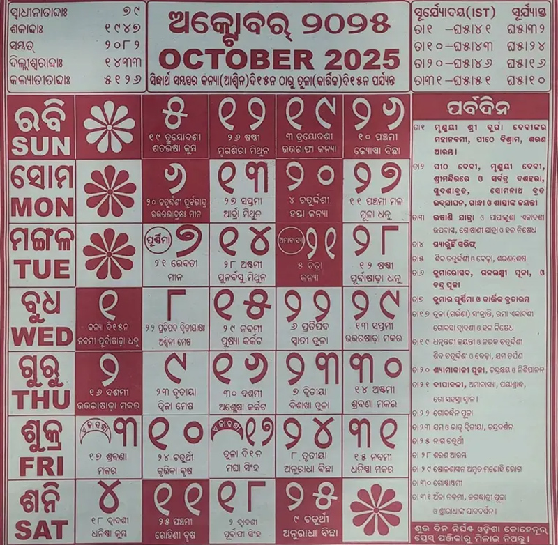 October Month Kohinoor Odia Calendar